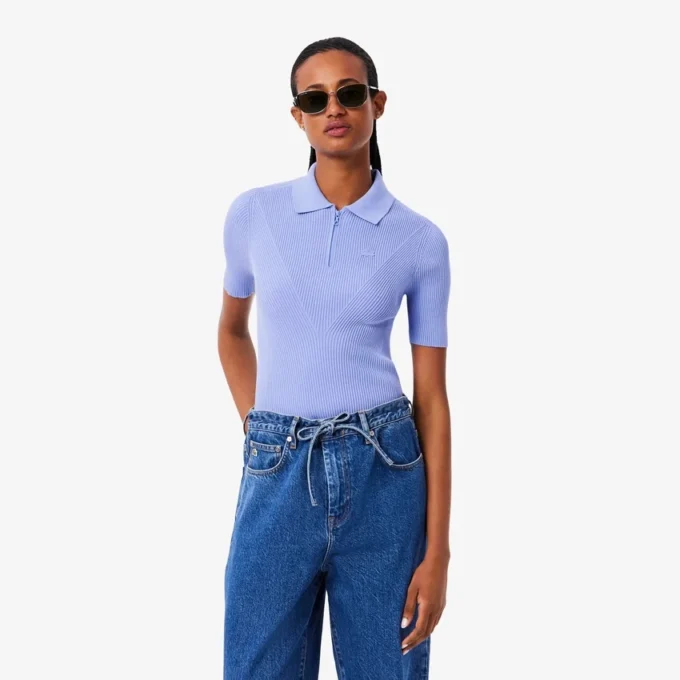 3D-geripptes Strick-Poloshirt für Damen