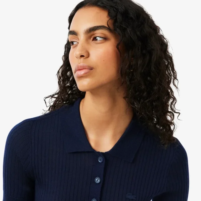3D-Rippstrick-Poloshirt-Kragen-Pullover aus Merinowolle