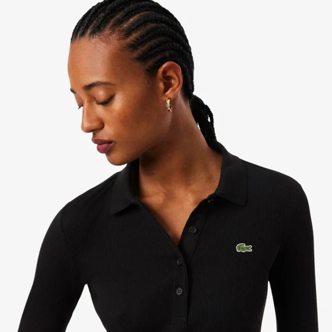 Damen-Kleid aus gerippter Baumwolle mit Polo-Kragen in Slim-Fit-Passform