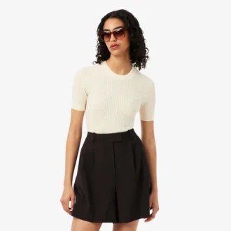 Damen-Pullover aus Merinowolle mit geripptem Strick und kurzen Ärmeln