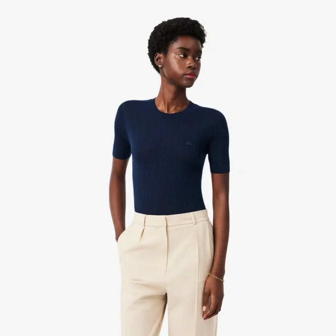 Damen-Pullover aus Merinowolle mit geripptem Strick und kurzen Ärmeln