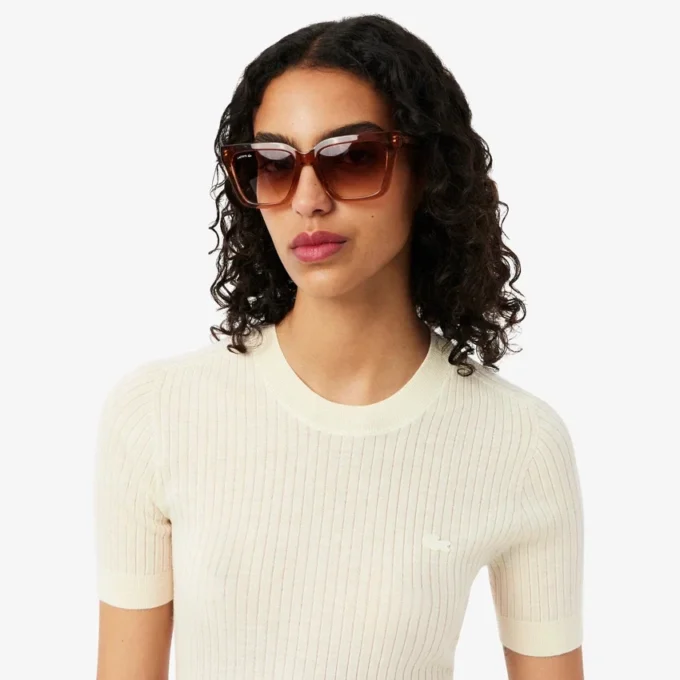Damen-Pullover aus Merinowolle mit geripptem Strick und kurzen Ärmeln