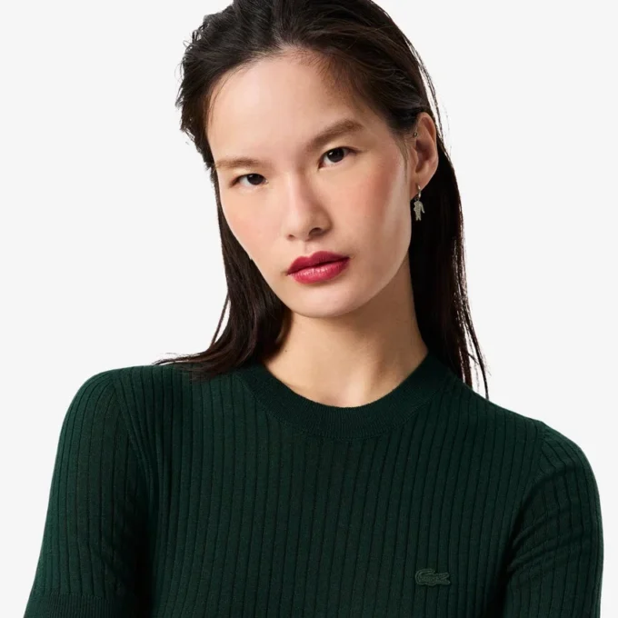 Damen-Pullover aus Merinowolle mit geripptem Strick und kurzen Ärmeln