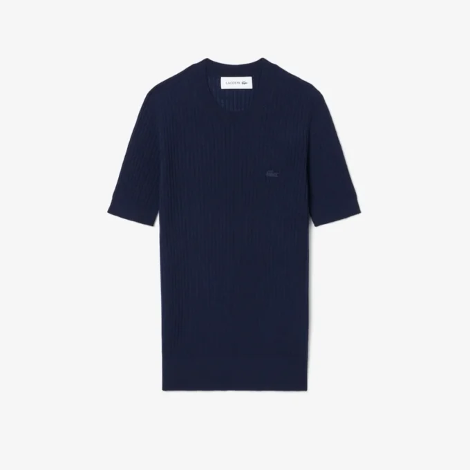 Damen-Pullover aus Merinowolle mit geripptem Strick und kurzen Ärmeln