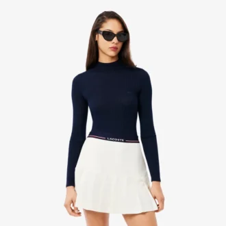 Damen-Pullover aus Merinowolle mit hohem Kragen und Rippstrick