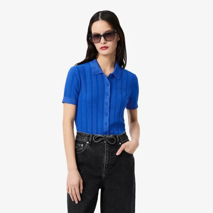 Damen-Pullover mit geripptem Strick und Poloshirt-Kragen