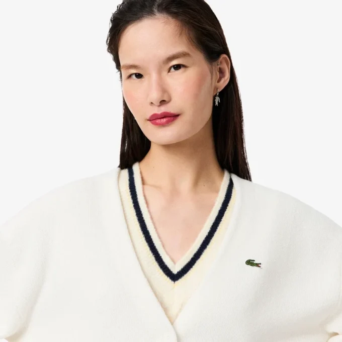 Damen-Strickjacke aus Baumwolle mit V-Ausschnitt und Moosmaschenmuster