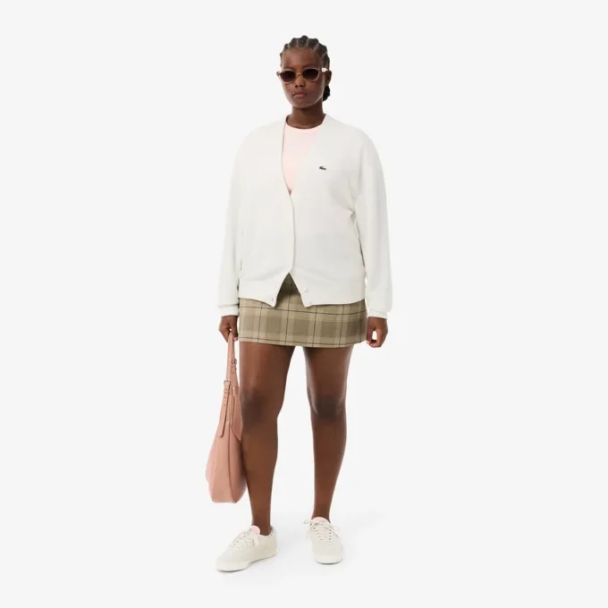 Damen-Strickjacke aus Baumwolle mit V-Ausschnitt und Moosmaschenmuster