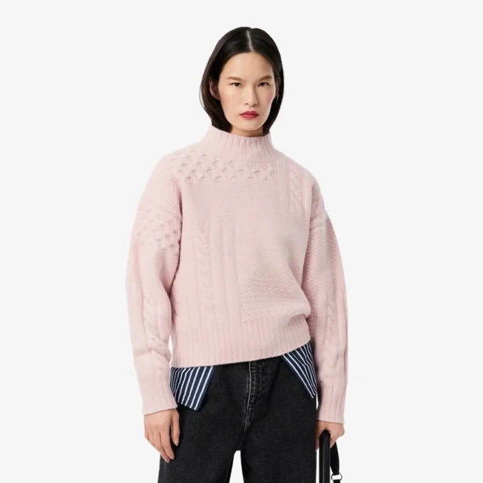 Damen-Wollpullover mit Patchwork-Effekt und hohem Kragen