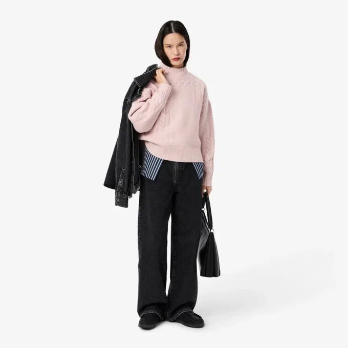 Damen-Wollpullover mit Patchwork-Effekt und hohem Kragen