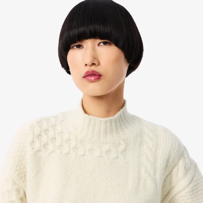 Damen-Wollpullover mit Patchwork-Effekt und hohem Kragen