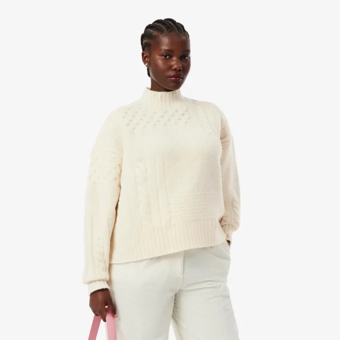 Damen-Wollpullover mit Patchwork-Effekt und hohem Kragen
