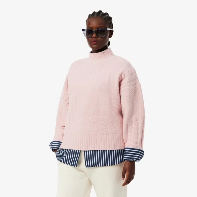 Damen-Wollpullover mit Patchwork-Effekt und hohem Kragen