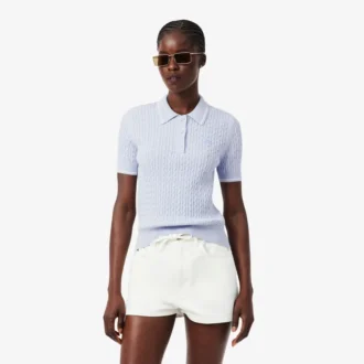 Gestreifter Pullover mit Zopfmuster und Poloshirt-Kragen