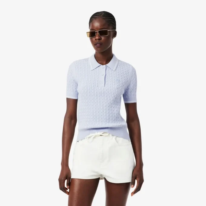 Gestreifter Pullover mit Zopfmuster und Poloshirt-Kragen