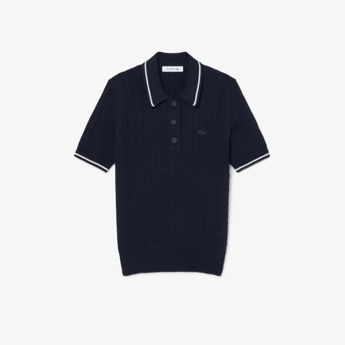 Gestreifter Pullover mit Zopfmuster und Poloshirt-Kragen