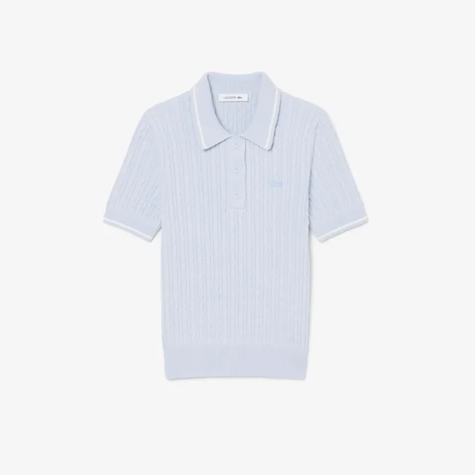 Gestreifter Pullover mit Zopfmuster und Poloshirt-Kragen