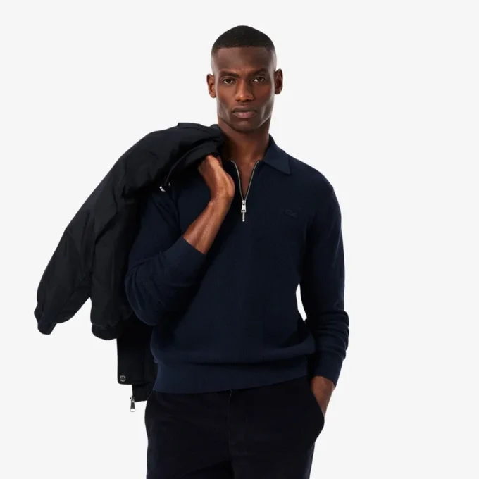 Herren-Pullover aus Baumwoll-Woll-Blend mit halbem Reißverschluss und Polokragen