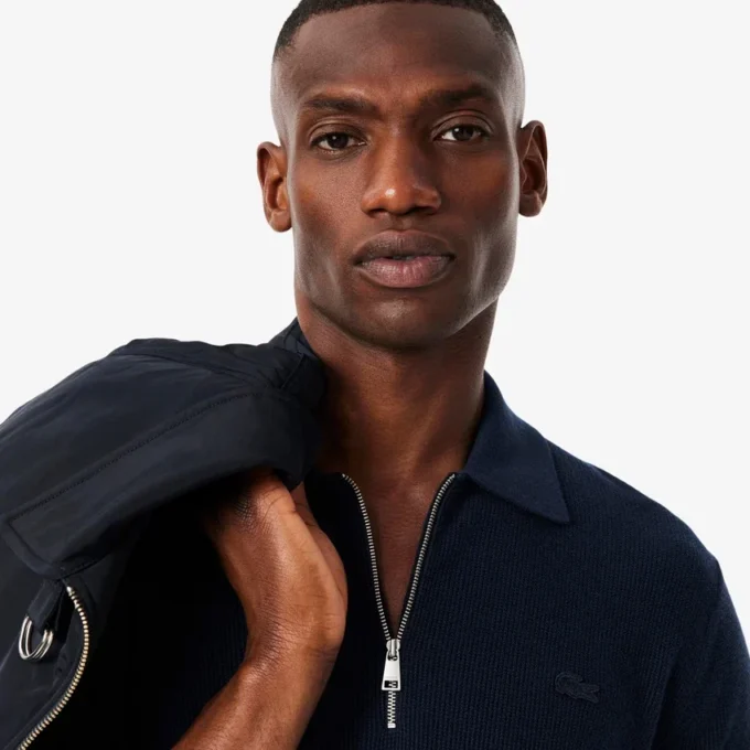 Herren-Pullover aus Baumwoll-Woll-Blend mit halbem Reißverschluss und Polokragen