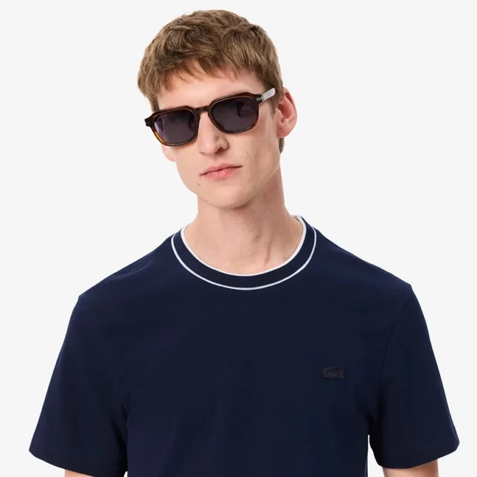 Herren-T-Shirt aus Stretch-Piqué mit gestreiftem Kragen