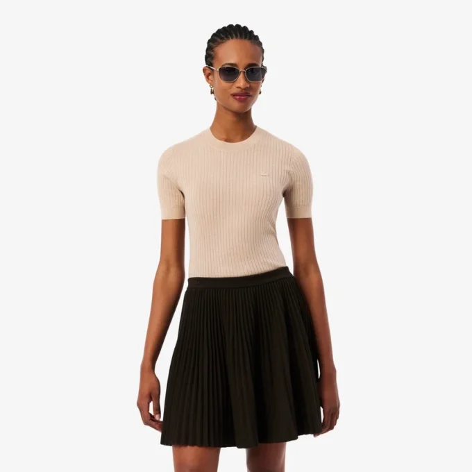 Kurzärmeliger Merinowoll-Rippstrickpullover für Damen