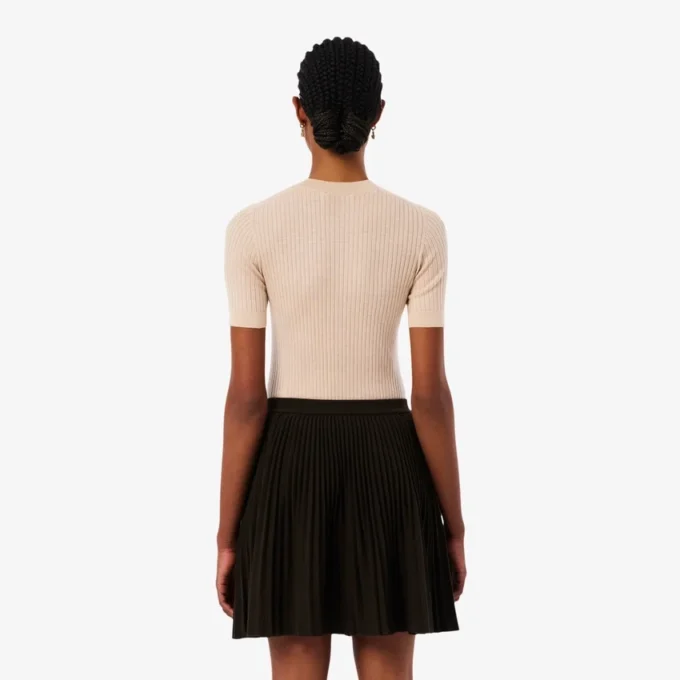 Kurzärmeliger Merinowoll-Rippstrickpullover für Damen