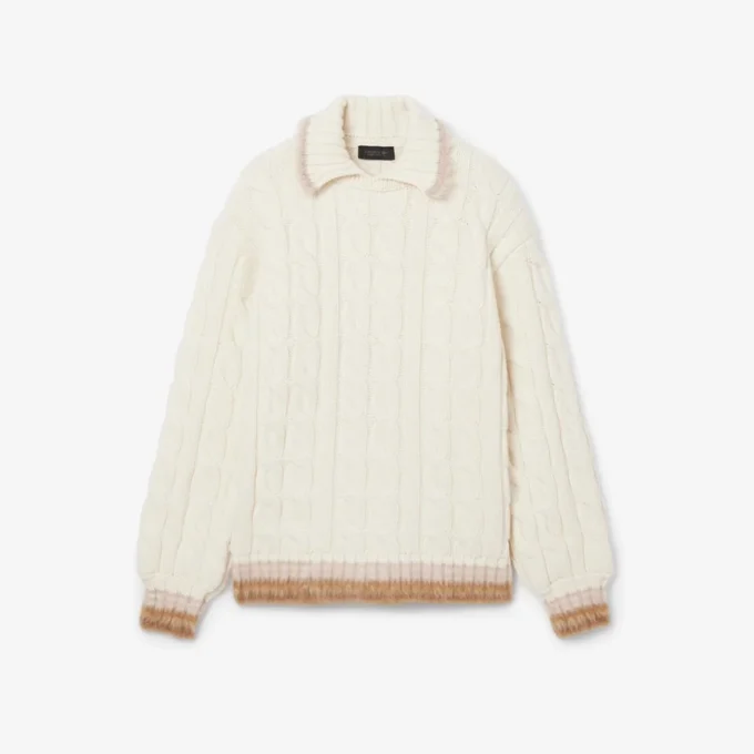 Runway-Pullover aus Wolle mit Poloshirt-Kragen und Zopfmuster