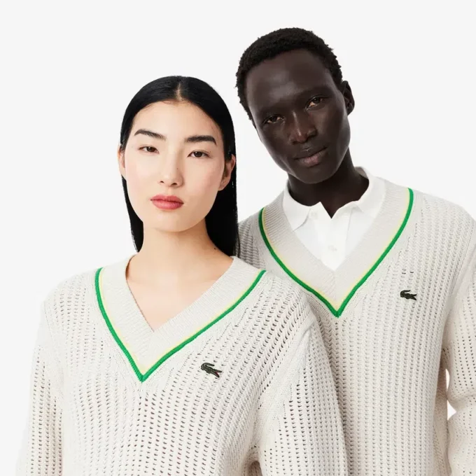 Unisex-Tennispullover mit V-Ausschnitt und Streifenmuster