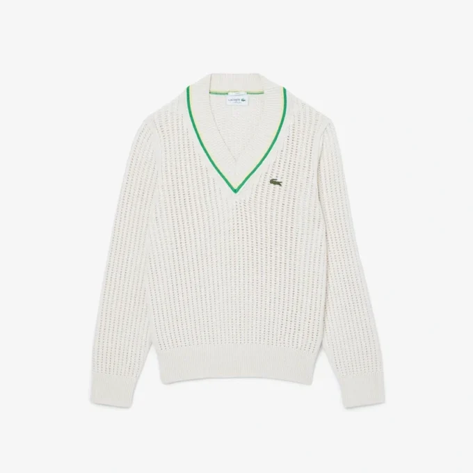 Unisex-Tennispullover mit V-Ausschnitt und Streifenmuster